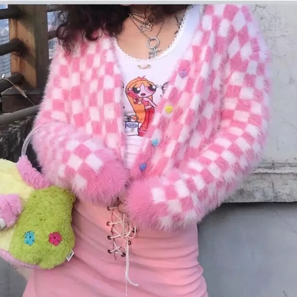 Plaid sweater pink white womens cardigan long heart buttons - Picture 10 of 12